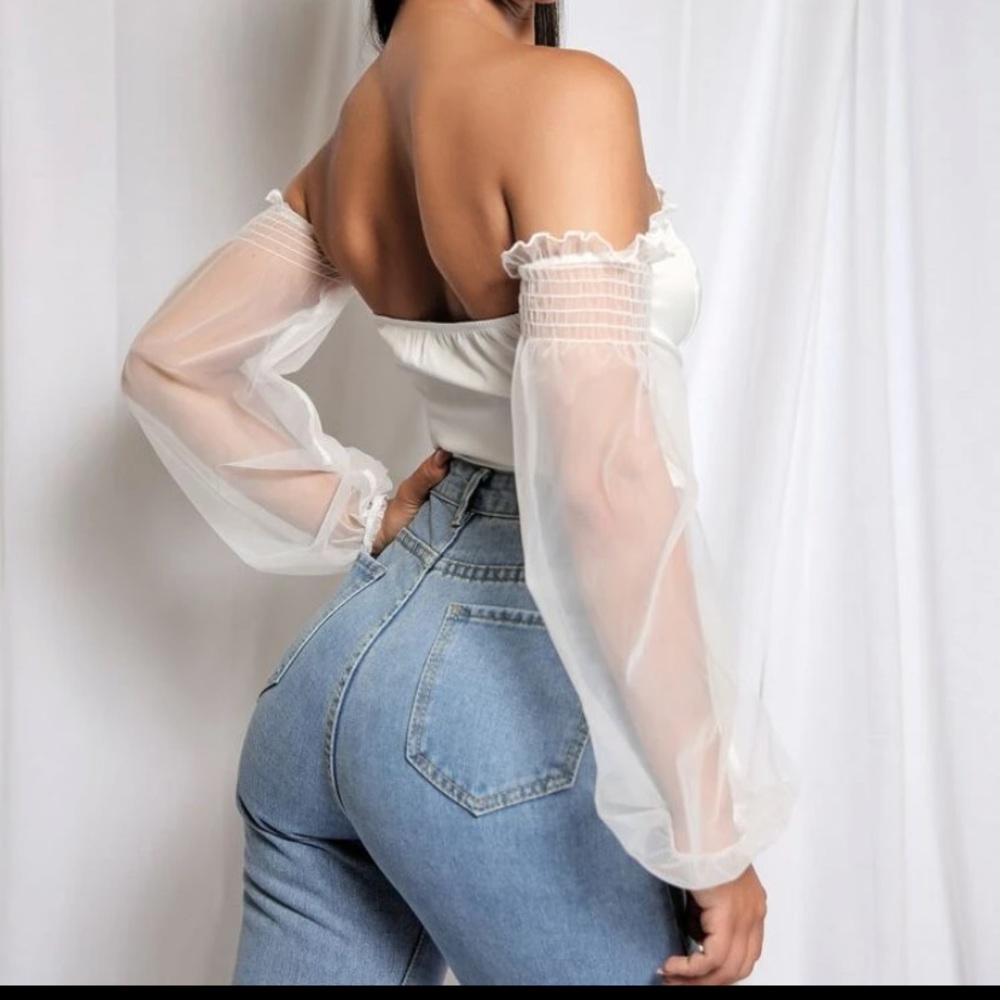 Off Shoulder Shirted Detail Sheer Mesh Lantern Sleeve